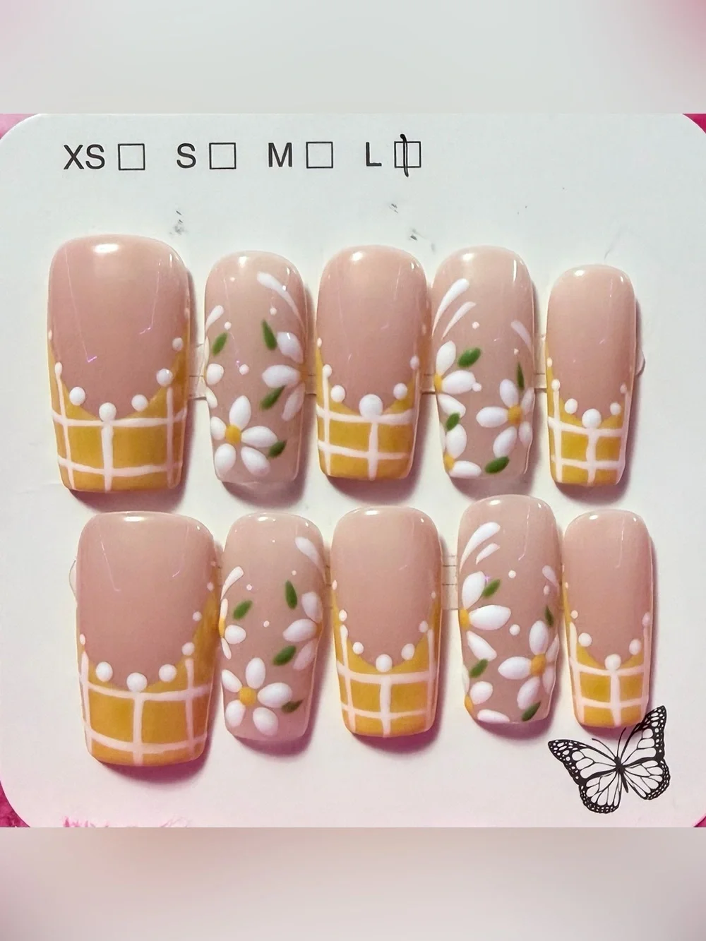 Press-On Nail Set - Yellow Floral Design